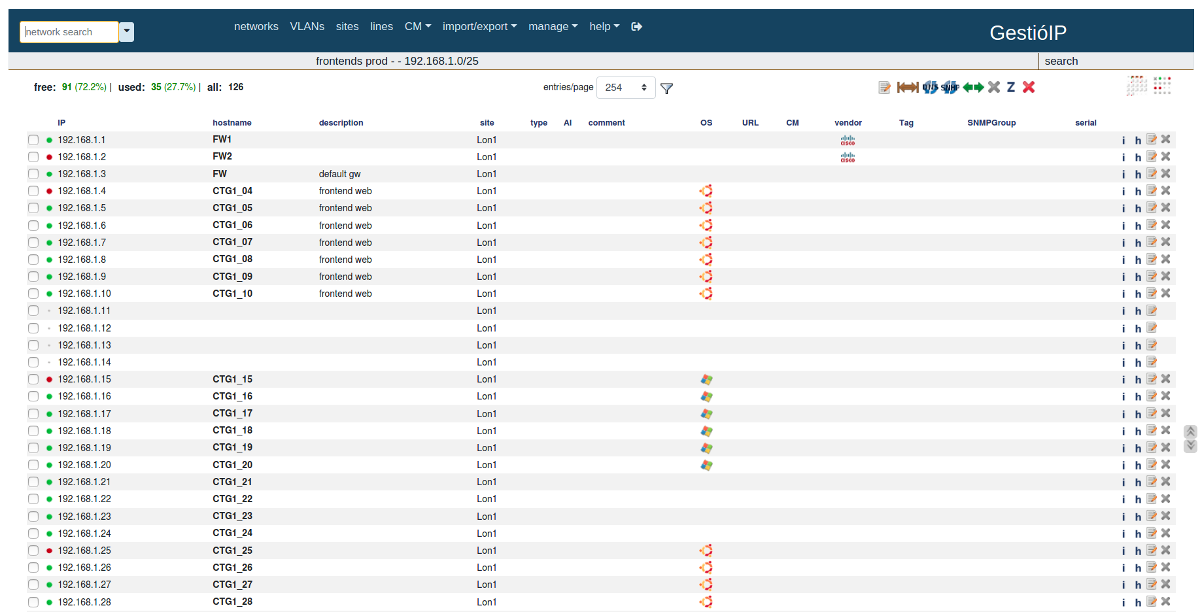 IP address management - host list view